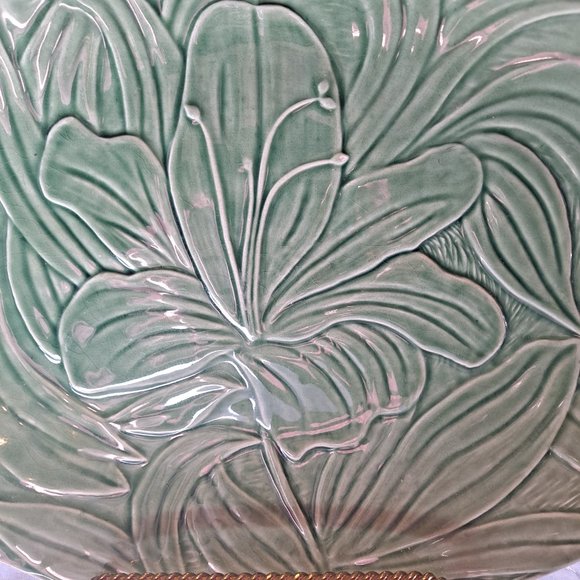 Portugal Majolica Green Large Oval Plate Hibiscus Flower - Picture 3 of 6